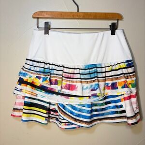 Lucky in Love Women White Ruffle Tennis Skirt Skort with Colorful Trim Athletic